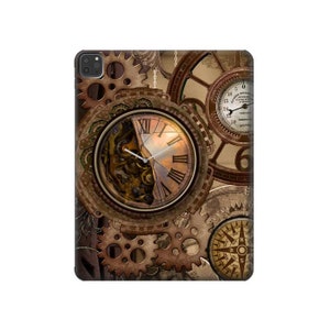 May include: A steampunk-inspired design featuring a clock face with Roman numerals, gears, and a compass. The background is a brown and gold color.