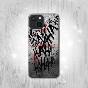 May include: A black and white phone case with a gray, textured background. The case features a repeated pattern of the word "HAHAHA" written in black with red accents.