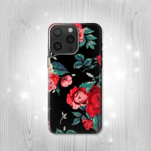 ローズフローラル柄 ブラックハード＆レザーフリップケース iPhone 16 Pro Max Plus Samsung Galaxy Z Flip 6 Fold6 Note S24 A15 Google Pixel