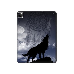 May include: A black tablet case featuring a silhouette of a howling wolf on a rock, set against a backdrop of a dreamcatcher, clouds, and a starry night sky. The design is a blend of nature and Native American themes.