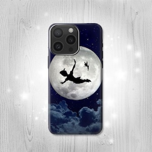 Custodia rigida e in pelle con motivo a conchiglia Peter Pan Moon Silhouette per iPhone 16 Pro Max Plus Samsung Galaxy Z Flip 6 Fold6 Note S24 A15 Google Pixel