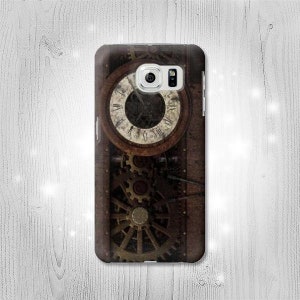 May include: A brown and gold phone case with a steampunk design featuring a clock face and gears.