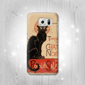 May include: A phone case with a vintage poster design featuring a black cat with a yellow halo. The poster text reads "Tournée du Chat Noir" and "Rodolphe Salis".