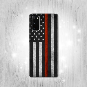 Étui rigide et rabat en cuir fin pompier avec drapeau de la ligne rouge Huawei Motorola Moto G Stylus Power Motorola Razr 50 Nokia OnePlus Sony Xperia