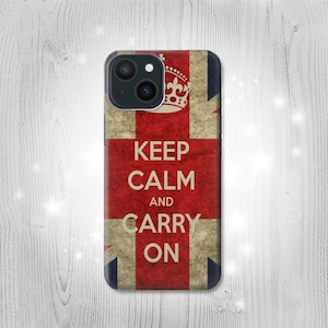 May include: A red, white, and blue phone case with a vintage British flag design. The case features the text "Keep Calm and Carry On" and a crown.