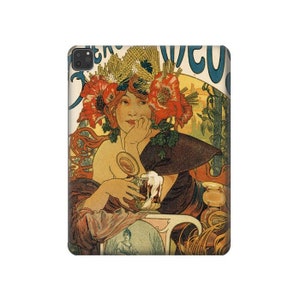 May include: A vintage poster advertising a beer brand called "La Chouffe". The poster features a woman with red hair and a floral crown, holding a glass of beer. The background is a colorful illustration of a garden scene.