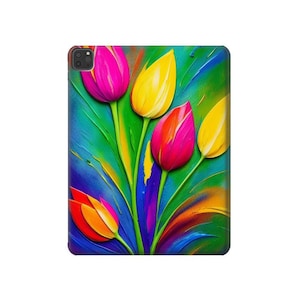 May include: A colorful abstract painting of tulips with a vibrant green, blue, and purple background. The tulips are painted in shades of pink, yellow, and red.