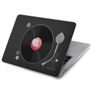 Può includere: Custodia per laptop nera con un design a disco in vinile. Il disco ha un centro rosso con il logo Apple. La custodia ha un bordo argentato e il testo "Professional Turntable" stampato in basso.