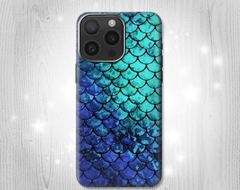 Blue Sea Mermaid Fish Scale Hard & Leather Flip Case iPhone 15 Pro Max Plus Samsung Galaxy Z Flip 5 Fold5 Note S23 A14 Google Pixel