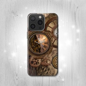 May include: A phone case with a steampunk design featuring gears, clock faces, and a brown and gold color scheme.