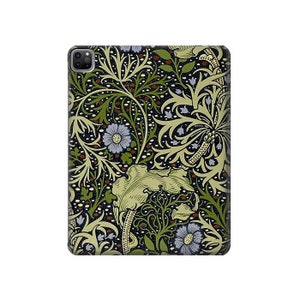 May include: A phone case with a floral pattern in shades of green, blue, and brown. The design features intricate leaves and flowers on a dark background.