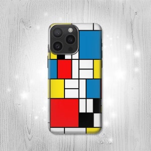 May include: A phone case with a geometric design featuring squares in red, yellow, blue, and black.