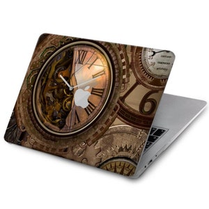 May include: A laptop computer with a steampunk-style design featuring a large clock face with Roman numerals and gears. The laptop is closed and the design is on the lid.
