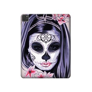 May include: A digital illustration of a woman with a sugar skull makeup design. She has long, dark purple hair and is wearing a white headband with a floral design. She is surrounded by pink flowers.