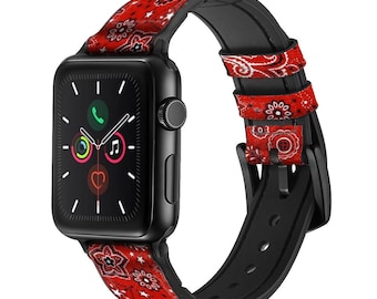 レッド クラシック バンダナ レザー & シリコン スマートウォッチ バンド ストラップ Apple Watch iWatch シリーズ 9 8 7 6 5 4 3 2 1 SE 用