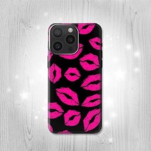 Custodia rigida e in pelle nera con labbra rosa e baci per iPhone 16 Pro Max Plus Samsung Galaxy Z Flip 6 Fold6 Note S24 A15 Google Pixel