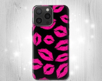 Pink Lips Kisses on Black Hard & Leather Flip Case iPhone 15 Pro Max Plus Samsung Galaxy Z Flip 5 Fold5 Note S23 A14 Google Pixel