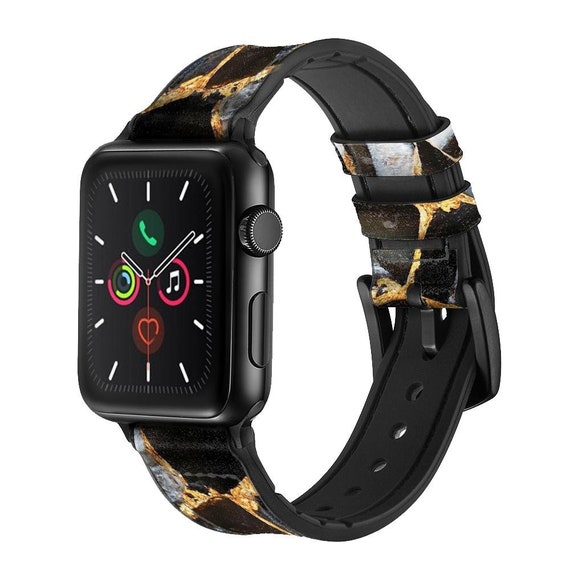 Gold Marble Graphic Print Leather Silicone Smart Watch Band