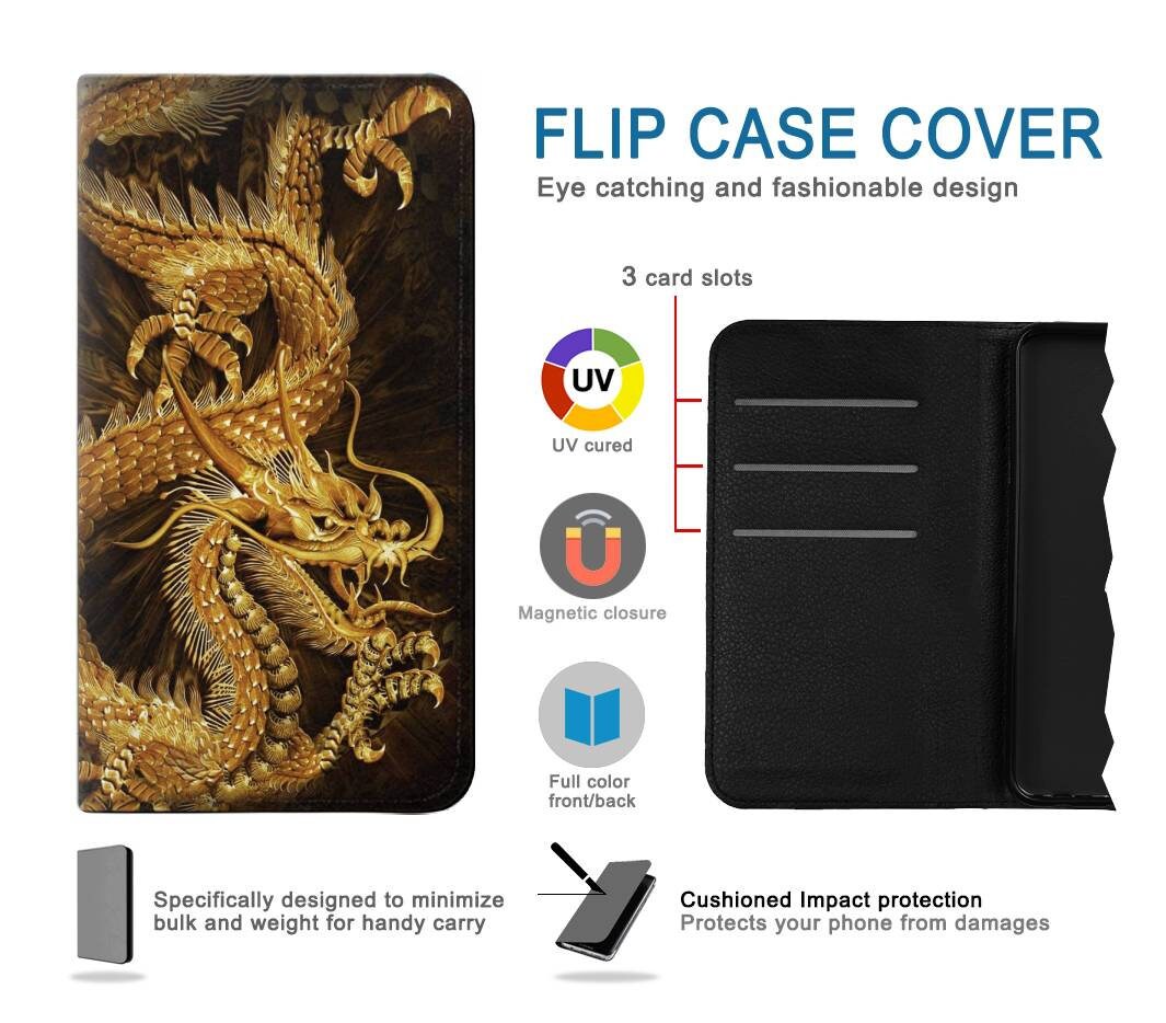 Chinese Gold Dragon Printed Hard & Leather Flip Case iPhone