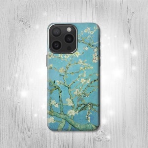 Custodia rigida e in pelle con motivo a mandorlo in fiore di Vincent Van Gogh per iPhone 16 Pro Max Plus Samsung Galaxy Z Flip 6 Fold6 Note S24 A15 Google Pixel