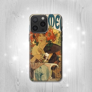 Funda rígida y de cuero con tapa Bieres De La Muse de Alphonse Mucha para iPhone 16 Pro Max Plus, Samsung Galaxy Z Flip 6 Fold6 Note S24 A15 Google Pixel