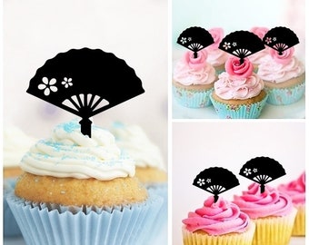 Japanese Sakura Hand Fan Silhouette Acrylic Cupcake Toppers – 12-Piece Set For Party Decor - View #2