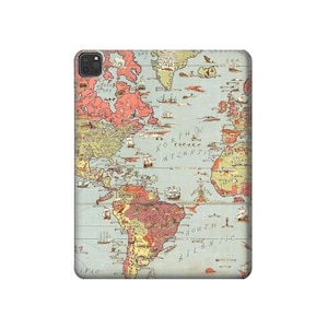 May include: A vintage world map illustration with a blue background and red, yellow, and green continents. The map features ships and other nautical details. The text "NORTH ATLANTIC" and "SOUTH ATLANTIC" are visible on the map.