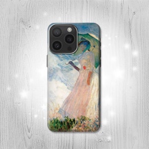 Coque rigide à rabat en cuir Claude Monet Femme avec un parasol pour iPhone 16 Pro Max Plus Samsung Galaxy Z Flip 6 Fold6 Note S24 A15 Google Pixel