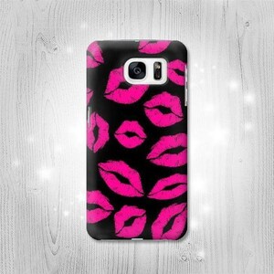 Pink Lips Kisses on Black Hard & Leather Flip Case Huawei LG Velvet Motorola Moto G Stylus G Power Nokia OnePlus Nord Sony Xperia