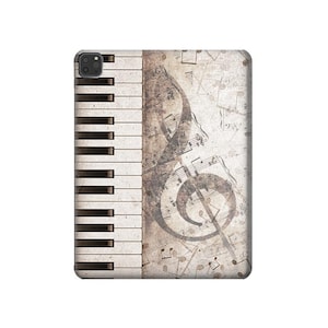 May include: A phone case with a vintage design featuring a piano keyboard and a treble clef on a background of musical notes.