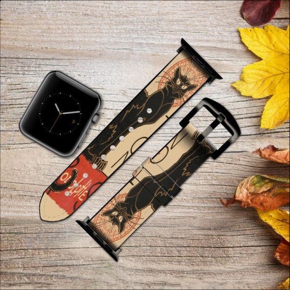【LLOYD】CAT LEATHER APPLE WATCH STRAP Chat Noir Black Cat Vintage Leather & Silicone Smart Watch