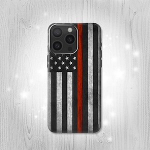 Étui à rabat rigide et en cuir rigide avec drapeau de la ligne rouge pompier pour iPhone 16 Pro Max Plus Samsung Galaxy Z Flip 6 Fold6 Note S24 A15 Google Pixel