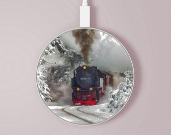 Steam Train Wireless Charger Pad 15W Type-C iPhone Android LED Light Charging Station