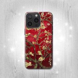 Custodia rigida e in pelle con motivo a mandorlo in fiore rosso Van Gogh per iPhone 16 Pro Max Plus Samsung Galaxy Z Flip 6 Fold6 Note S24 A15 Google Pixel