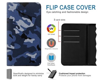 Navy Blue Camo Camouflage Hard & Leather Flip Case iPhone 17 Pro
