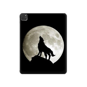 May include: A black silhouette of a wolf howling at the full moon. The moon is a light gray color and the background is black.