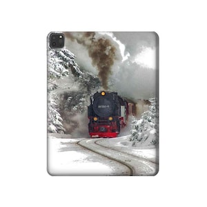 May include: A red and black steam locomotive train engine with smoke billowing from the chimney travels through a snowy forest landscape.