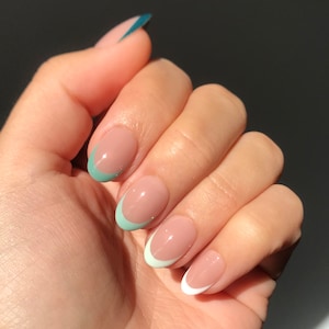 Hand Painted Press On Nails! French Tip Green Gradient Extra Short Oval