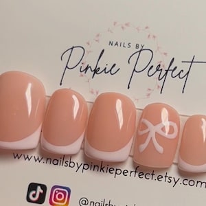 Extra Short Hand Painted Press On Nails! Pale Pink French Tips with ribbon bow accent