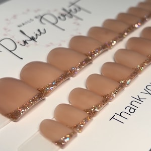 Extra Short Hand Painted Press On Nails! French Glitter Tip Pink Rose Gold Sparkle Sparkly Christmas New Year Occassion Night Out