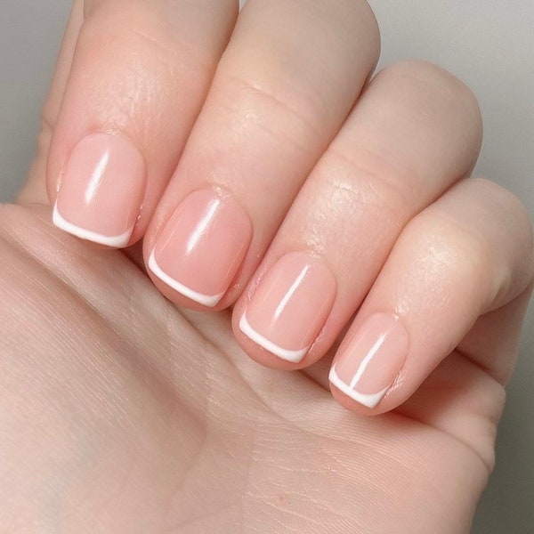 NEW! Extra Short Hand Painted Press On Nails! Classic White French Tips Peachy Nude Fresh Square