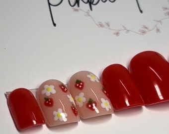 Hand Painted Press On Nails! Red Strawberries Daisies Flowers Spring Nail Extra Short Square