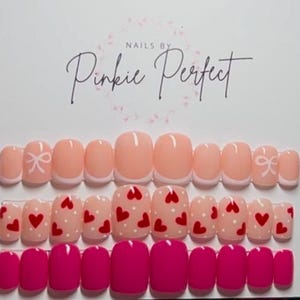 NEW! February Bundle of 3 Extra Short Hand Painted Press On Nails! Pale pink French with bow • Hearts and dots • Deep Pink Solid set