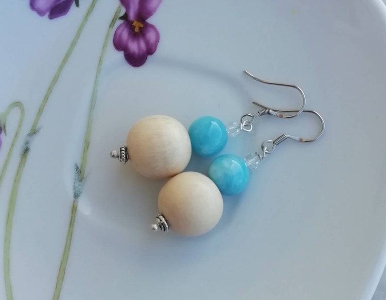 Light blue sky jade earrings wooden dangle earrings handmade jewelry light blue earrings gemstone earrings wooden earrings