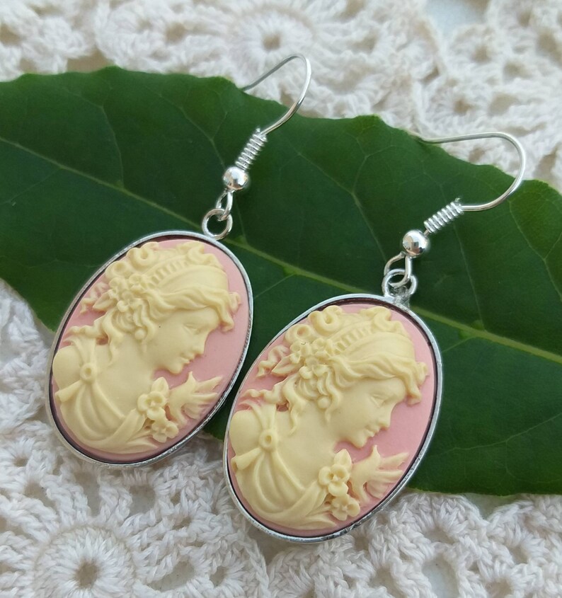 vintage style earrings Lady cameo earring handmade dangle earrings ivory earrings elegant cameo earrings pink cameo earrings
