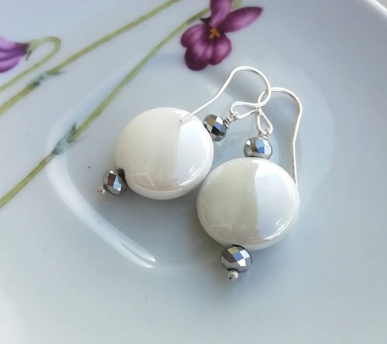 White ceramic earrings handmade jewelry ceramic earrings summer jewelry urban style earrings summer earrings white dangle earrings