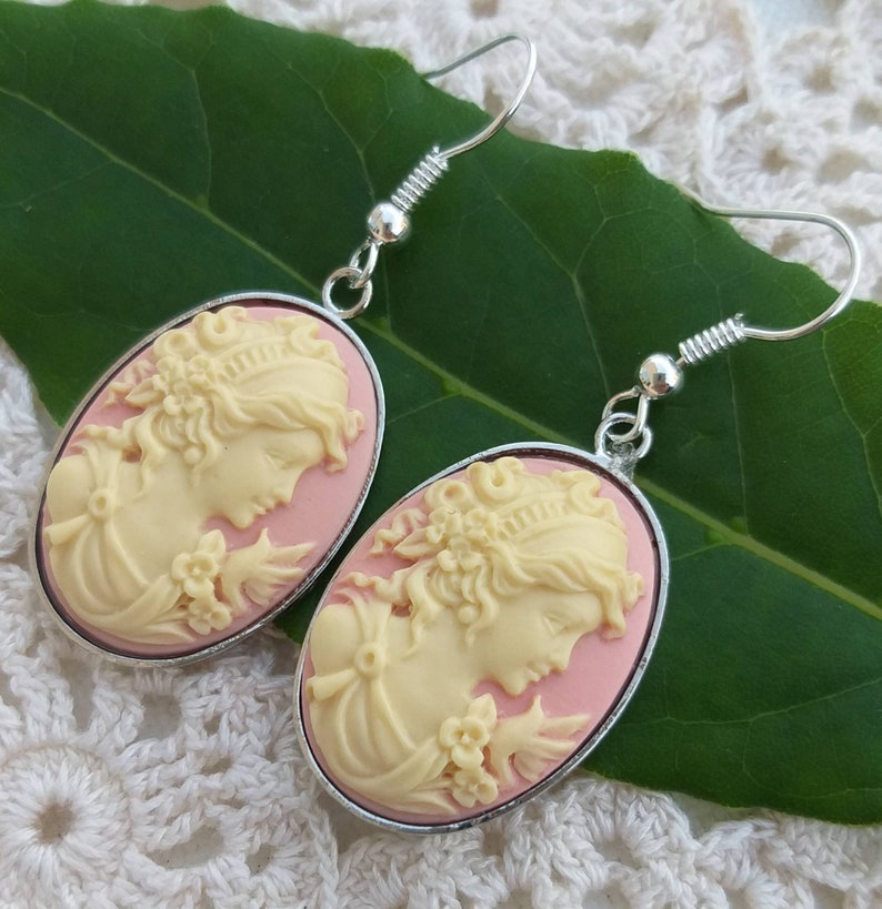 vintage style earrings Lady cameo earring handmade dangle earrings ivory earrings elegant cameo earrings pink cameo earrings