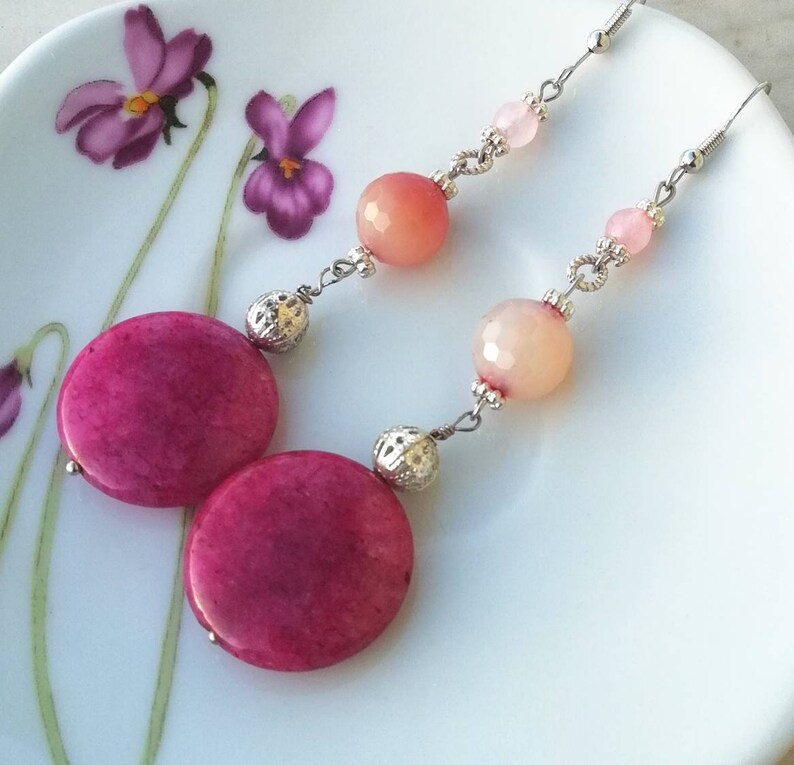 agate earrings My special gift hot pink earrings pink earrings dangle earrings Very long earrings stone bead earrings