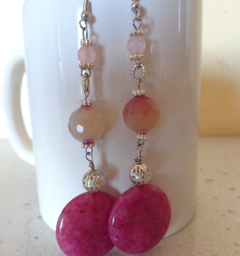 agate earrings My special gift hot pink earrings pink earrings dangle earrings Very long earrings stone bead earrings