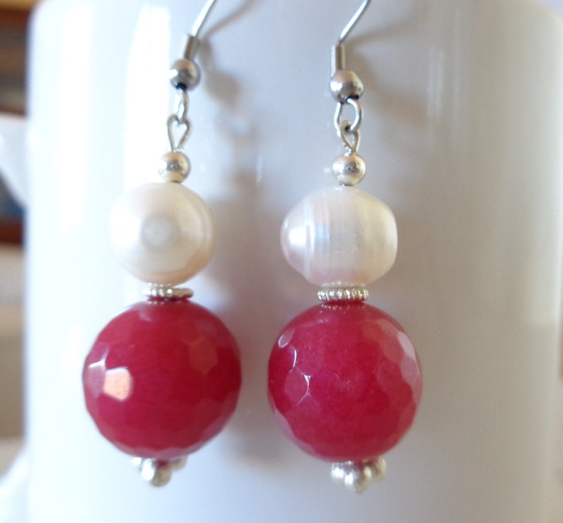 pink and white earrings pink raspberry jade earrings dangle earrings My special gift stone bead earrings Freshwater pearls earrings